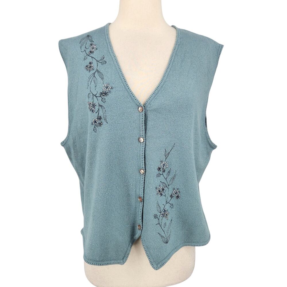 Koret Blue Embroidered Vest – Size Large – 90s / Y2K Grannie Grandma Countryside